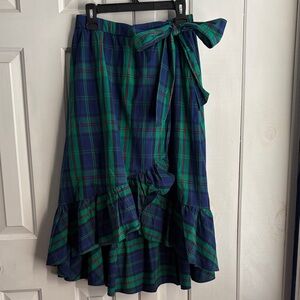 J. Crew Plaid Ruffle Wrap Midi Skirt - Blue and Green size M